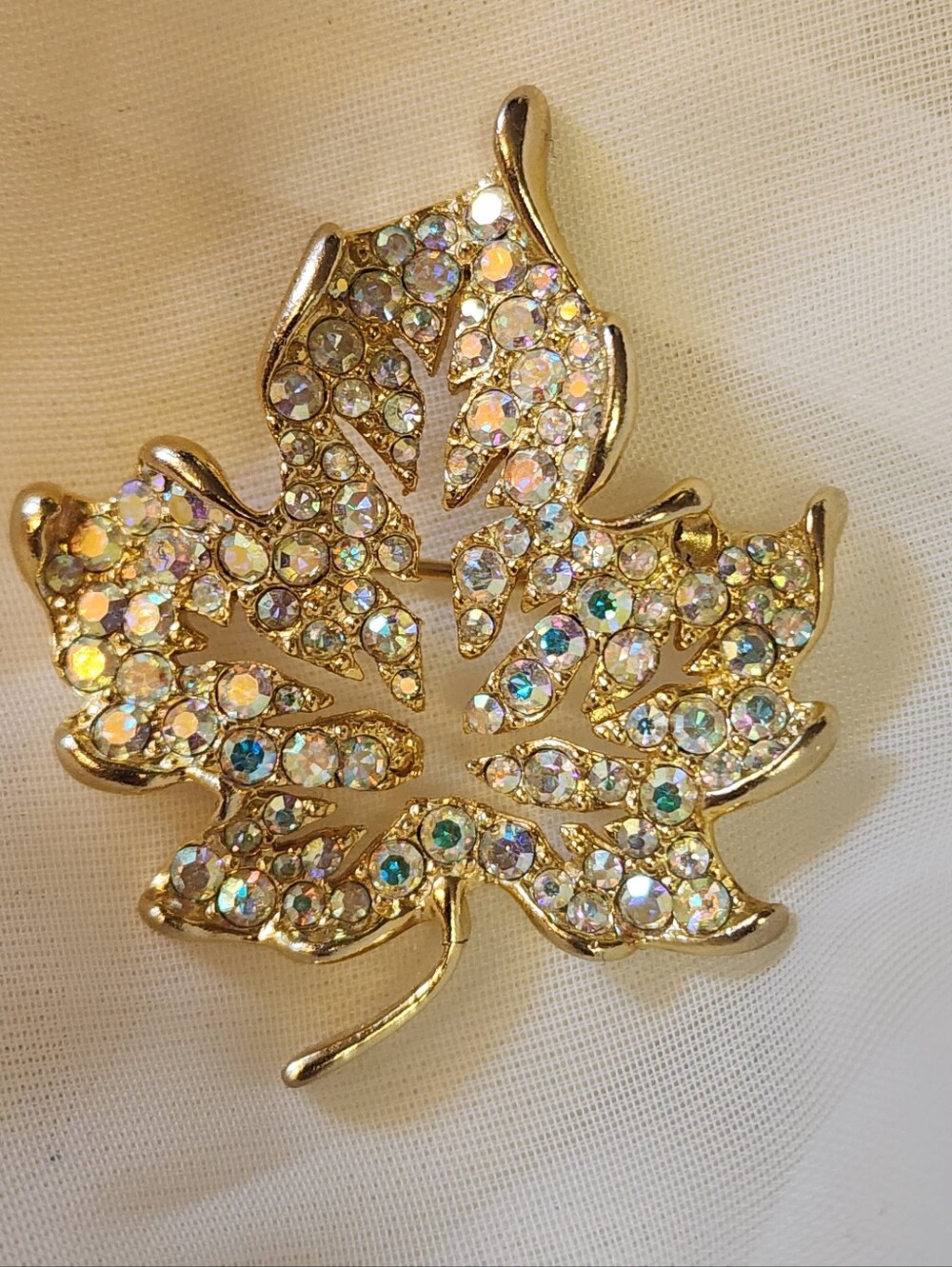 Vintage AVON Gold-Tone Pave Maple Leaf Brooch w/ Aurora Borealis Accents